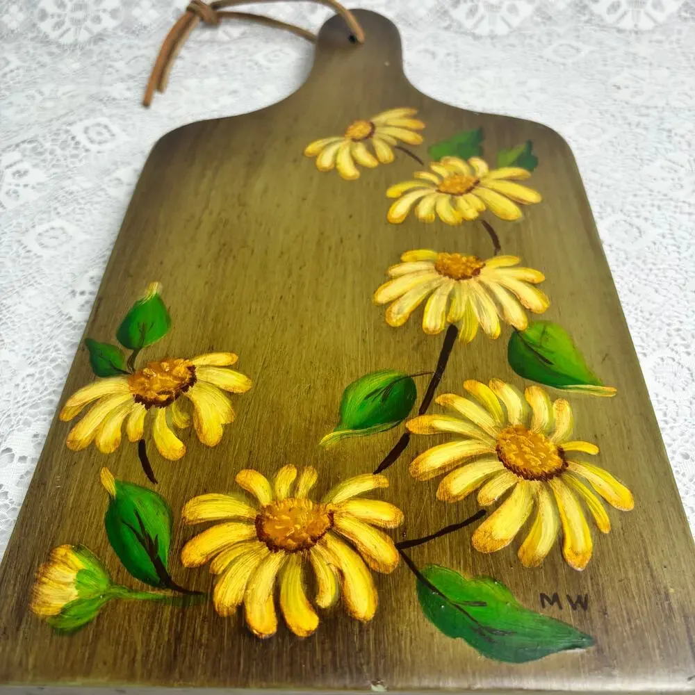 Vintage Hand Painted Floral Wooden Cutting Board Wall Daisy Folk Art Decor